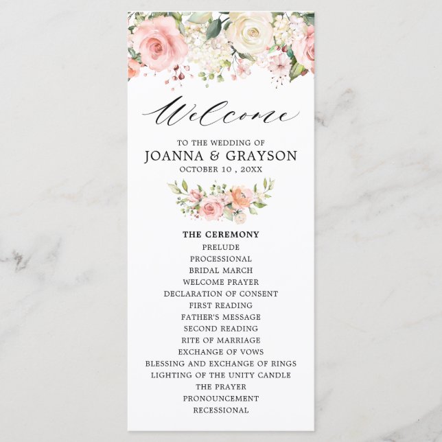 Pastel Pink Blush Rose Floral Botanical Wedding Program (Front)