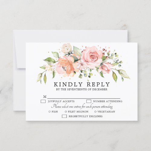 Pastel Pink Blush Rose Floral Botanical Wedding RSVP Card