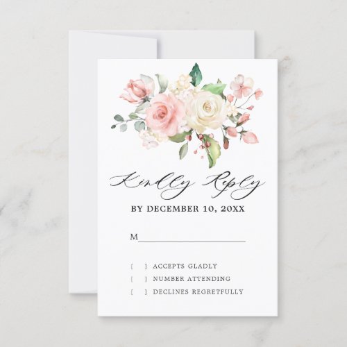 Pastel Pink Blush Rose Floral Botanical Wedding RSVP Card