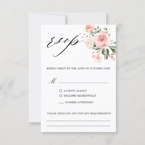 Pastel Pink Blush Rose Floral Botanical Wedding RSVP Card