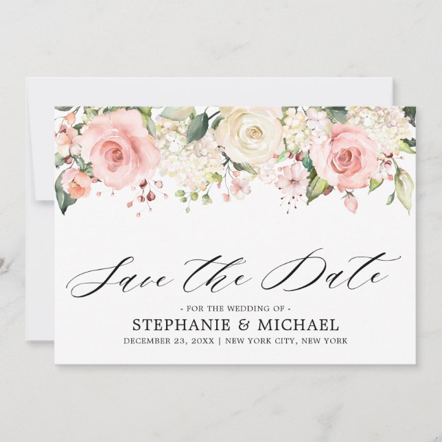 Pastel Pink Blush Rose Floral Botanical Wedding Save The Date (Front)