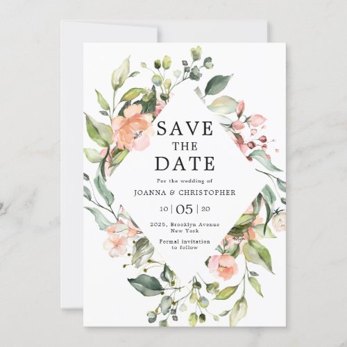 Pastel Pink Blush Rose Floral Botanical Wedding Save The Date