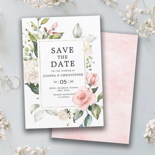 Pastel Pink Blush Rose Floral Botanical Wedding Save The Date