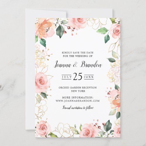 Pastel Pink Blush Rose Floral Botanical Wedding Save The Date