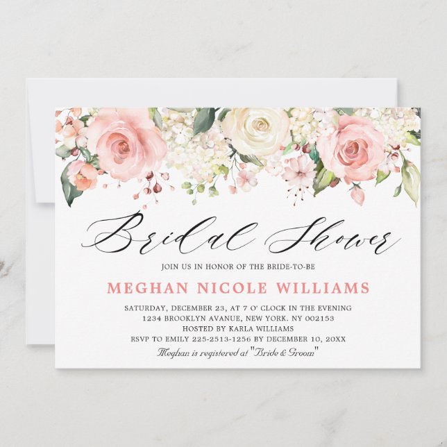Pastel Pink Blush Rose Floral Bridal Shower Invitation (Front)