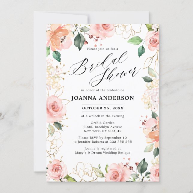 Pastel Pink Blush Rose Floral Bridal Shower Invitation (Front)