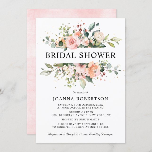 Pastel Pink Blush Rose Floral Bridal Shower Invitation (Front/Back)