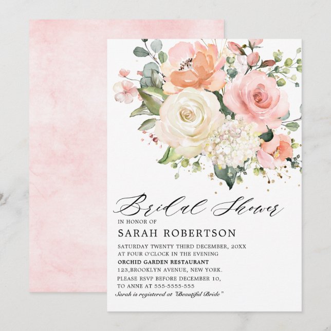 Pastel Pink Blush Rose Floral Bridal Shower Invitation (Front/Back)
