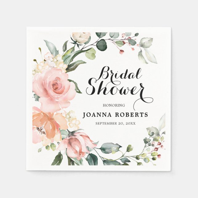 Pastel Pink Blush Rose Floral Bridal Shower Napkins (Front)