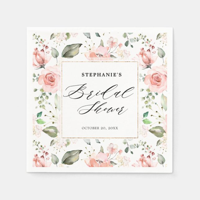 Pastel Pink Blush Rose Floral Bridal Shower Napkins (Front)