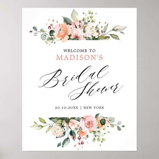 Pastel Pink Blush Rose Floral Bridal Shower Poster (Front)