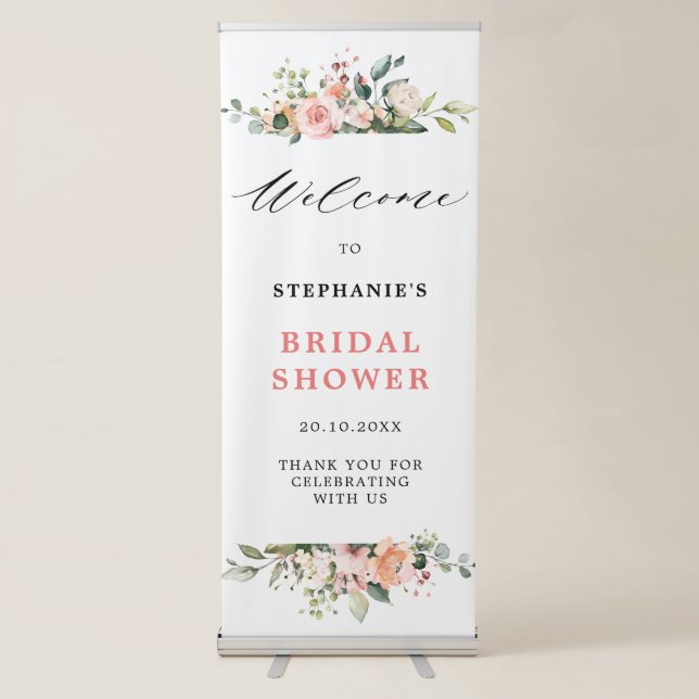 Pastel Pink Blush Rose Floral Bridal Shower Retractable Banner (Front)
