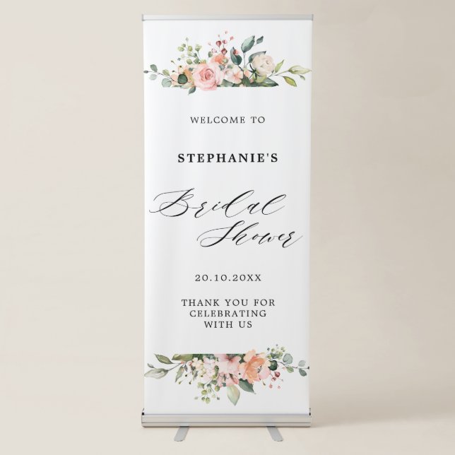 Pastel Pink Blush Rose Floral Bridal Shower Retractable Banner (Front)