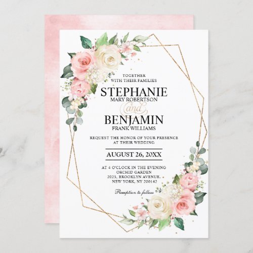 Pastel Pink Blush Rose Floral Geometric Wedding Invitation