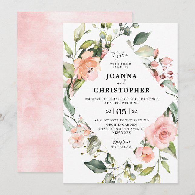 Pastel Pink Blush Rose Floral Geometric Wedding Invitation (Front/Back)