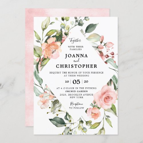 Pastel Pink Blush Rose Floral Geometric Wedding Invitation