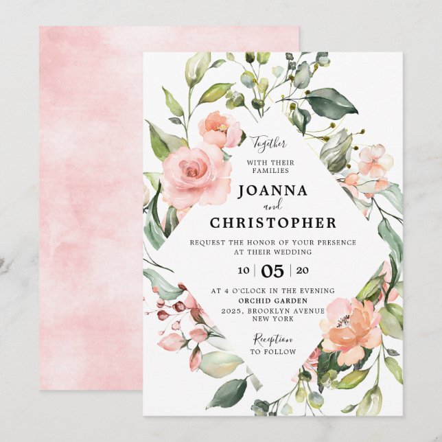 Pastel Pink Blush Rose Floral Geometric Wedding Invitation (Front/Back)