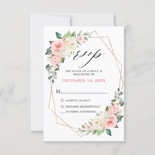 Pastel Pink Blush Rose Floral Geometric Wedding RSVP Card