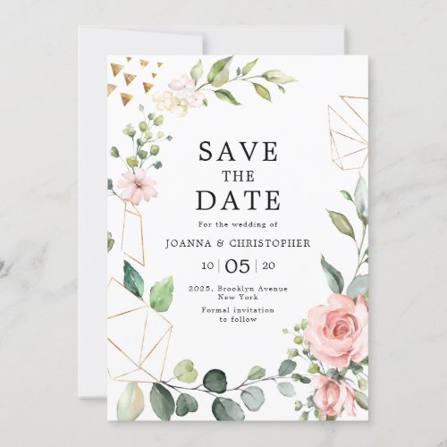 Pastel Pink Blush Rose Floral Geometric Wedding Save The Date