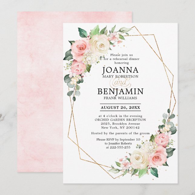 Pastel Pink Blush Rose Floral Rehearsal Dinner Invitation (Front/Back)