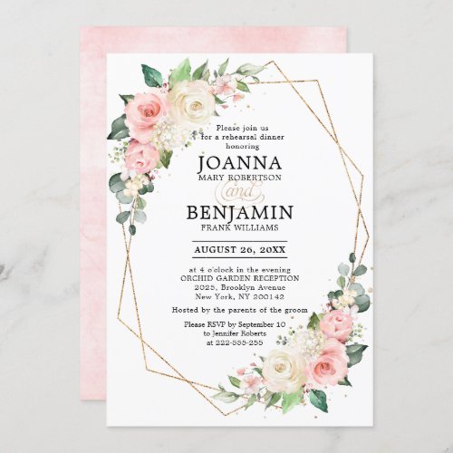 Pastel Pink Blush Rose Floral Rehearsal Dinner Invitation