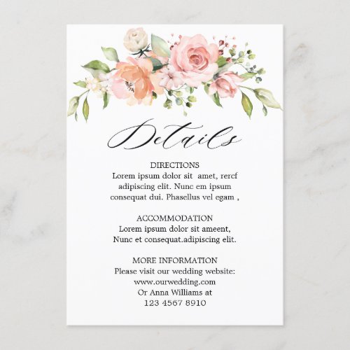 Pastel Pink Blush Rose Floral Wedding Details Enclosure Card