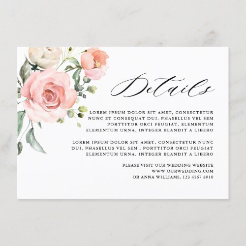 Pastel Pink Blush Rose Floral Wedding Details Enclosure Card