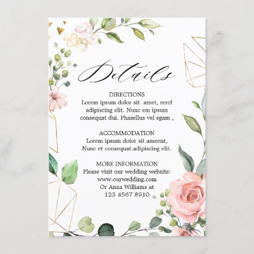 Pastel Pink Blush Rose Floral Wedding Details Enclosure Card