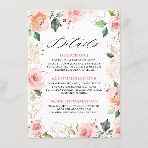 Pastel Pink Blush Rose Floral Wedding Details Enclosure Card