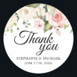 Pastel Pink Blush Rose Floral Wedding Thank You Classic Round Sticker<br><div class="desc">Elegant sunny watercolor floral blossom botanical wedding thank you sticker featuring a bouquet of soft pastel watercolor roses and hydrangea in shades of blush pink, pastel pink , peach and cream with lush green botanical leaves and eucalyptus leaves foliage. A modern design choice that is perfect for spring and summer...</div>