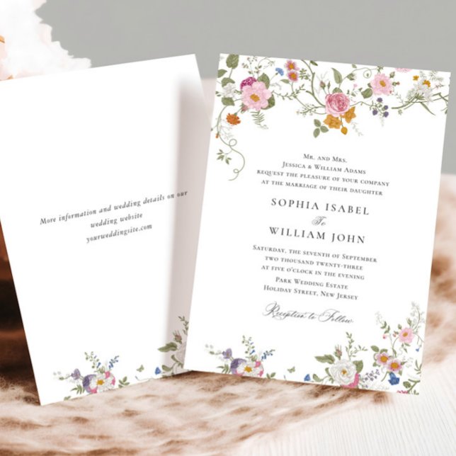 Pastel Pink Boho Floral Wildflowers Wedding Invitation (Creator Uploaded)