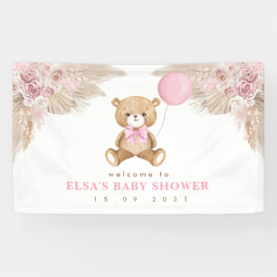 Pastel Pink Boho Pampas Teddy Bear Welcome Baby Banner