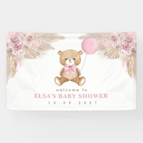 Pastel Pink Boho Pampas Teddy Bear Welcome Baby Banner