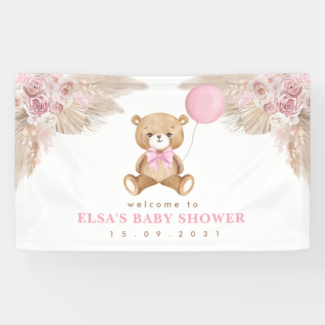 Pastel Pink Boho Pampas Teddy Bear Welcome Baby Banner (Horizontal)
