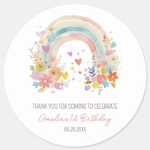 Pastel Pink Boho Rainbow Floral 1st Birthday Classic Round Sticker