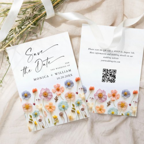 Pastel Pink Boho Wild Flowers Wedding QR code Save The Date