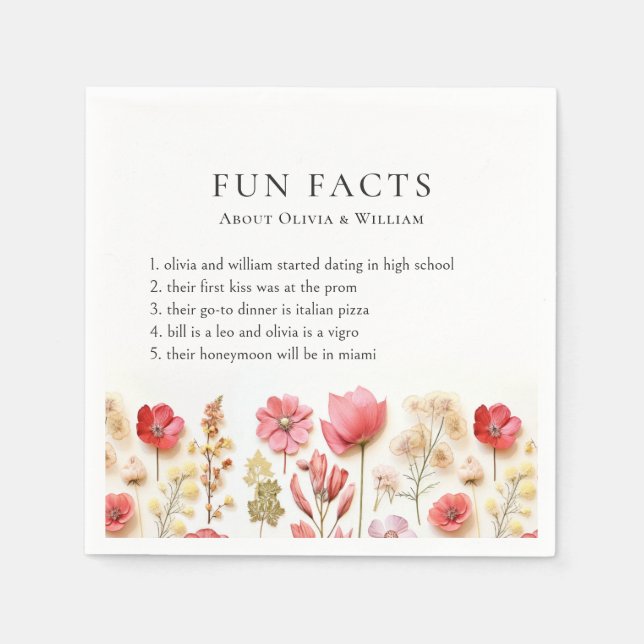 Pastel Pink Boho Wildflower Fun Facts Wedding Napkins (Front)