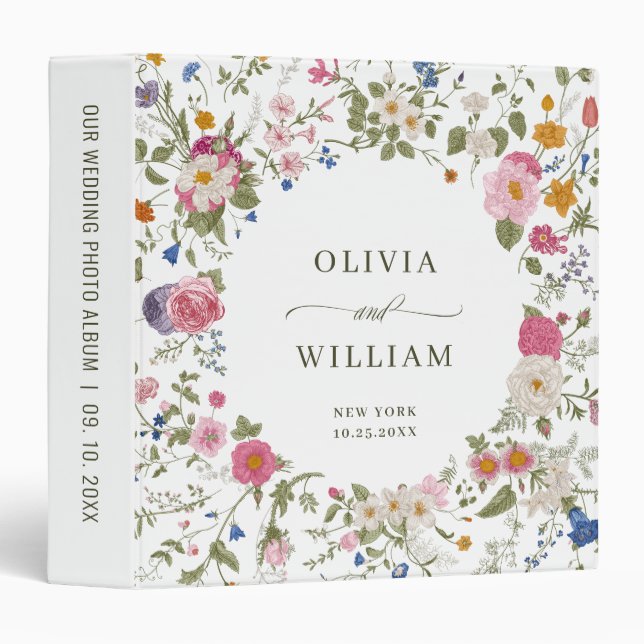 Pastel Pink Boho Wildflower Wedding photo album 3 Ring Binder (Front/Spine)