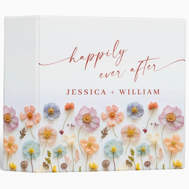 Pastel Pink Boho Wildflower Wedding Photo Album  3 Ring Binder (Front/Spine)