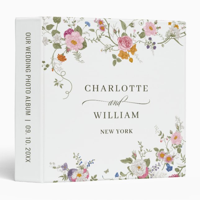 Pastel Pink Boho Wildflower Wedding photo album 3 Ring Binder (Front/Spine)