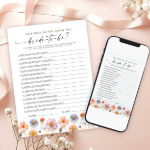 Pastel Pink Boho Wildflowers Bridal Game Card