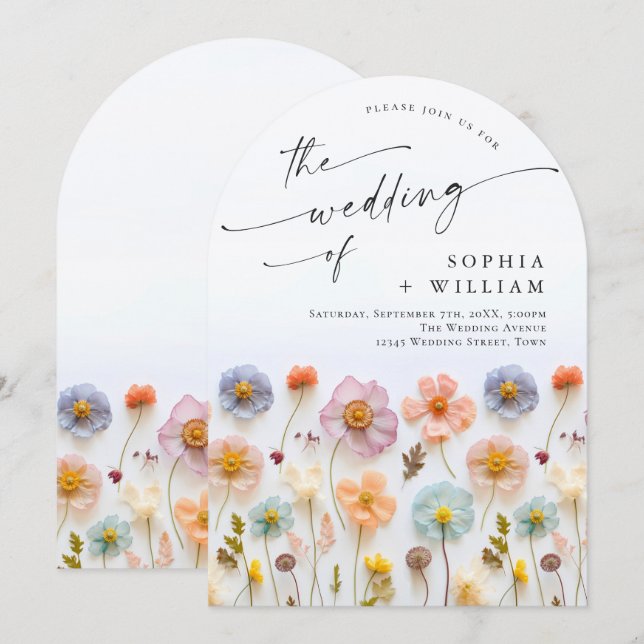 Pastel Pink Boho Wildflowers Wedding Invitation (Front/Back)