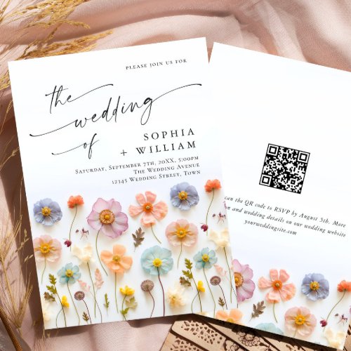 Pastel Pink Boho Wildflowers Wedding QR code Invitation