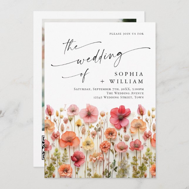 Pastel Pink Boho Wildflowers Wedding QR code Photo Invitation (Front/Back)