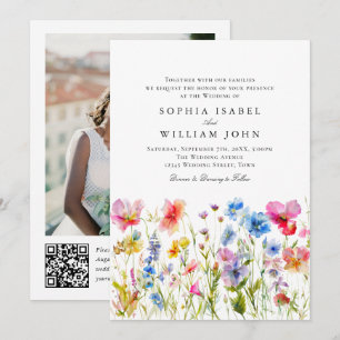 Pastel Pink Boho Wildflowers Wedding QR code Photo Invitation