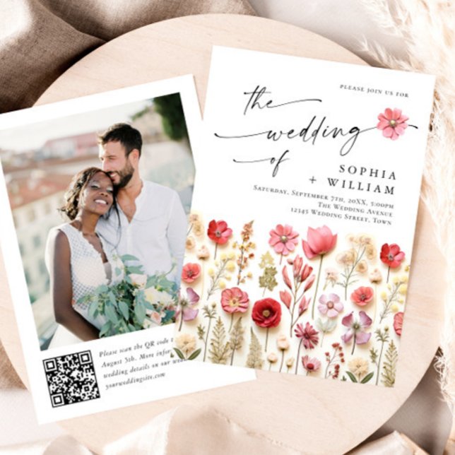 Pastel Pink Boho Wildflowers Wedding QR code Photo Invitation (Creator Uploaded)