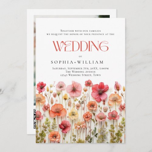 Pastel Pink Boho Wildflowers Wedding QR code Photo Invitation