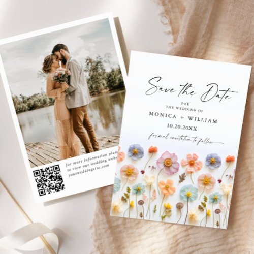 Pastel Pink Boho Wildflowers Wedding QR code Photo Save The Date