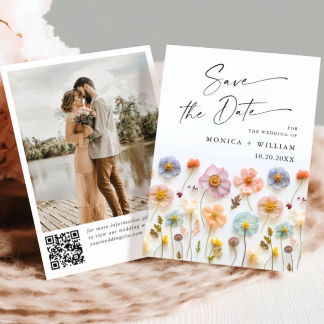 Pastel Pink Boho Wildflowers Wedding QR code Photo Save The Date (Creator Uploaded)