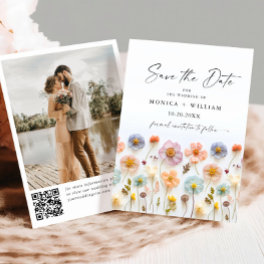 Pastel Pink Boho Wildflowers Wedding QR code Photo Save The Date